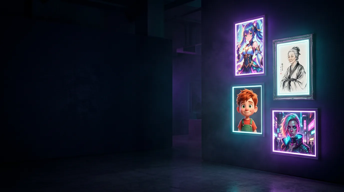 A dark gallery wall of neon-framed AI portraits