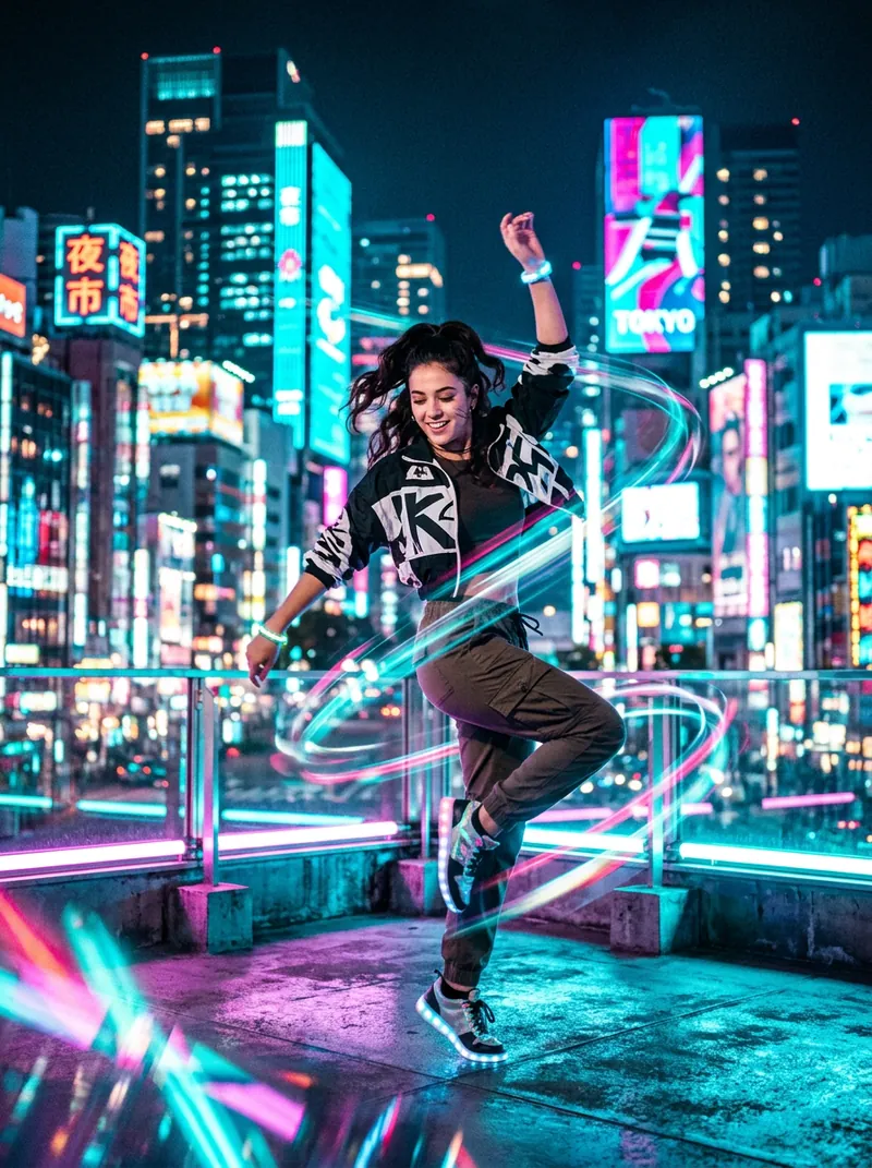A person dancing in an AI-generated video still