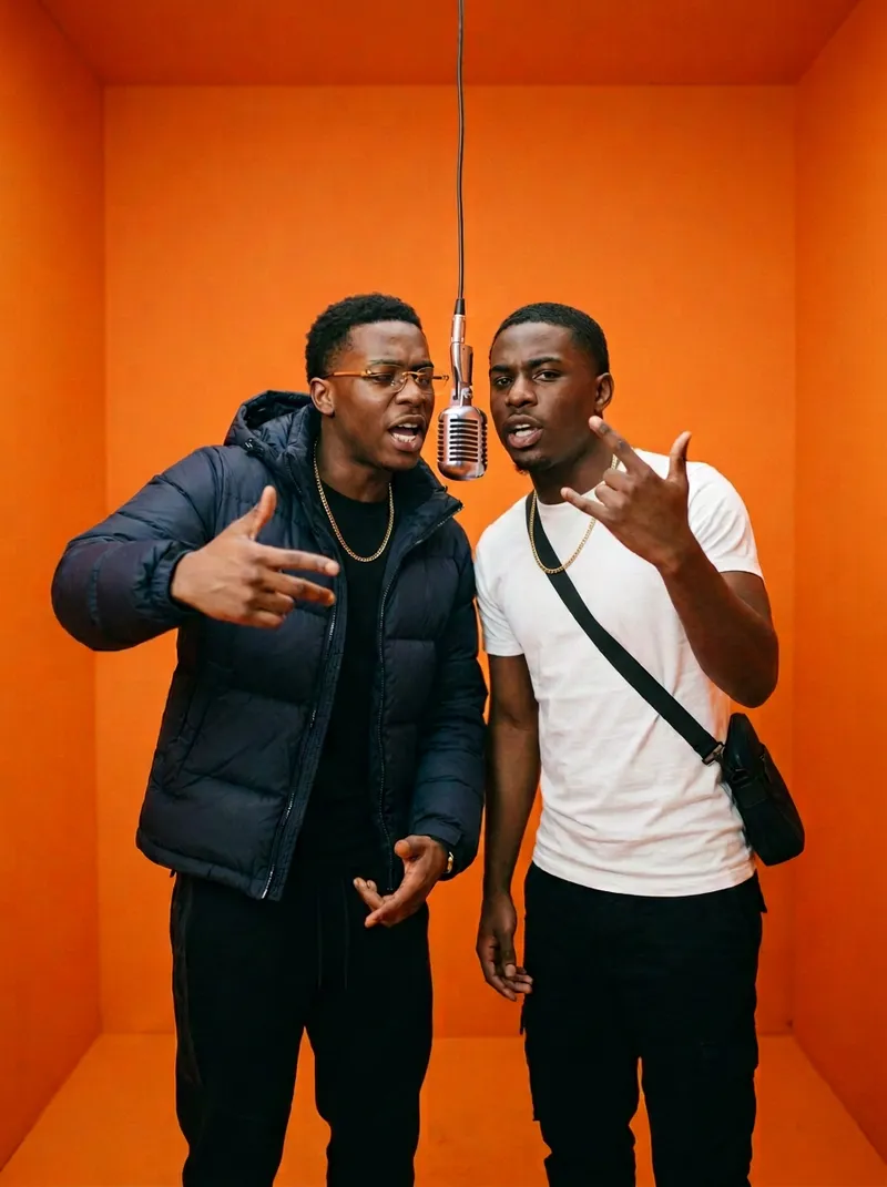 Two performers rapping at one hanging microphone